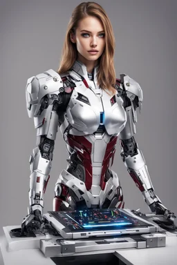 Front view full body gorgeous Realistic Photography beautiful super model Russian as playing Dj player with body full mechanical ironman cyborg realistic beautiful woman hyper detailed