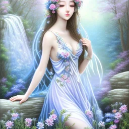 Waterfall spring blue silver water nymph flowers anime