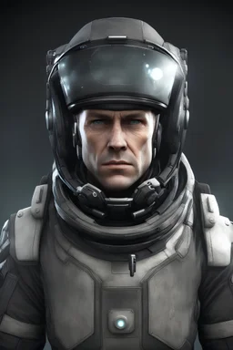 Scientist in Expedition suit, eve online style, no helmet, eyepiece on left eye only, male