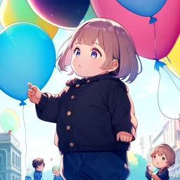 alone young anime child letting go of a balloon, looking up into the sky at the balloon