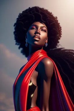 A portrait of a beautiful youthful black woman, with long black flowing hair, wearing a black skintight dress with a red scarf, wizard, magical, ethereal, Warm bright lighting. Concept art by wlop. Ultra quality 8k.