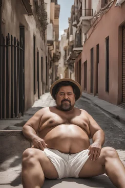 strong chubby burly mature mexican man sunbathing, sitted on an empty street, 35 years old, shirtless, shorts, manly chest, very hairy, short beard, big shoulders, relaxed, photorealistic, well defined facial features, half figure photography, view angle from the ground