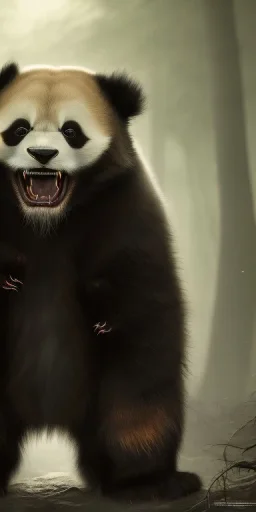 Demonic panda with fangs and scary in the dark scary forest Growling