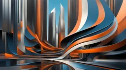 (hustle and bustle:55), (loop kick:10), (deconstruct:28), retro futurism style, urban canyon, smooth curves, swirl dynamics, great verticals, great parallels, amazing reflections, excellent translucency, hard edge, colors of metallic orange and metallic steel blue