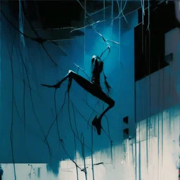 Minimal abstract oil painting of a falling person limbs sinew. Amongst concrete fragments brutalist architecture and hanging wires illuminated at night. Blue In the style of Justin Mortimer and Phil Hale and Ashley Wood