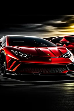 A sleek (((Lamborghini))) with its iconic profile and cutting-edge design juxtaposed against a powerful (((Dodge Charger))), featuring a bold grille and muscular contours