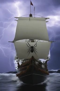 Ship front view with a Spider figurehead at night in a storm with giant waves