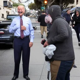 joe Biden laughs at homeless people whilst walking down the streets of San Francisco