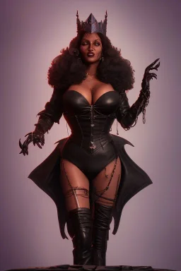 Pam Grier as evil queen in black leather, leather, busty, cleavage, angry, stern look. character design by cory loftis, fenghua zhong, ryohei hase, ismail inceoglu and ruan jia. unreal engine 5, artistic lighting, highly detailed, photorealistic, fantasy