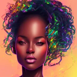 Portrait of beautiful black woman, illustration, bright colors, long hair