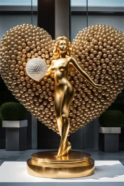 A magnificent cristal and gold heart-shaped sign adorned with a stunning berliant sphere encrusted with sparkling diamond clusters at its center, elegantly spinning in position,a golden statue of a girl in standing pose