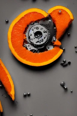 portrait, an orange cut open with tiny clockwork gears embedded in its flesh, AbstractTech clockpunk, Food photography, beautiful, delicious food, recipe photography, realistic, natural light, colorful, food art, object photography, vignette, ultra HD