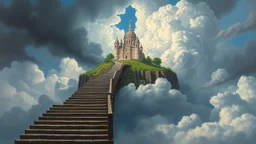 Legendary painting depicting an ascending staircase leading to a Roman-style temple and garden in the sky. Reath-taking view of a huge castle in the sky amidst dramatic storm clouds. The sky is a mix of deep blue and pale gray tones, creating a sense of depth and movement. The overall atmosphere conveys a sense of awe and the raw power of nature, with layers of clouds creating a dynamic and complex landscape.