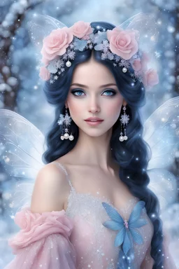 Very very cute snow fairy woman with a lovely face and radiant with beauty and googdness,pastel colors, great wisdom, transparent blue wings, full lips, depuis blue eyes, long black hair with small shaped pearls snowflakes in her hair, nice body, dressed in a snow fairy dress, in a enchanted landscape with pink castel flower and trees and butterflies, ,pastelscolors, , realistic, real photo, highly detailed and contrast