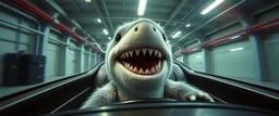 car driving happy 2d fluffy shark orc dog in the style of Escher and Giger and Fallout 4, pinhole cam, airbrush 3d rendering, on tv screen:A five-second cinematic single take in a clean industrial presentation hall.