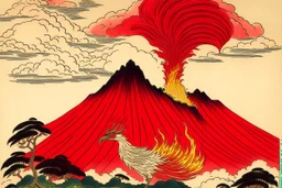 A light red volcano with a fiery phoenix painted by Katsushika Hokusai