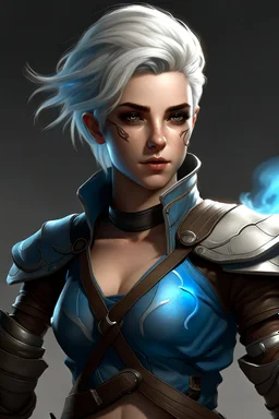 create a female air genasi from dungeons and dragons, dark gray short hair, light blue eyes, wind like hair, wearing hot leather clothing, realistic, from waist up, digital art, high resolution, strong lighting