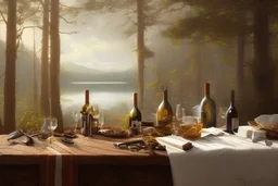 Peder Monk Monsted style, light white tablecloth, yelo copper jug, book, one wine bottle, wine glass with wine on the table, lake mountains forest in the background
