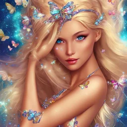  lying down beautiful face princess blond fairy smiling with sparkle jewel bikini and butterflies in hair magic