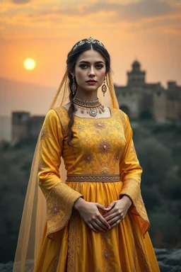 A photorealistic depiction of the Sari Gelin (Yellow Bride) from Azerbaijani folklore. She stands gracefully in a traditional golden wedding dress with intricate embroidery. The backdrop features the ancient fortress of Shusha at sunset. Her expression is melancholic yet beautiful, with ethereal lighting that creates a heavenly glow. Cultural symbols like traditional jewelry and historic patterns are accurately represented.