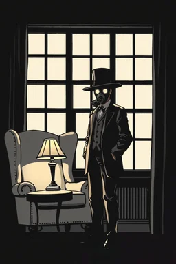 wingback chair and a small table with lamp, with a man standing beside wearing a gas mask and wide brimmed flat top hat, elevated downward perspective, window at rear, graphic novel