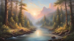 a painting of a serene forest with a river running through it, in the style of Bob Ross, Thomas Kinkade, and Albert Bierstadt, peaceful and calming, intricate details, sunrise, vibrant colors, 4k resolution