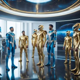 (masterpiece, best quality, 8k, RAW photo, beautiful and aesthetic:1.2), complex detail, Indirect light, photorealistic, (((full body))), Meeting of a group of Cosmic male gods smiling, Mixed, sci-fi and cyborg outfit with golden futuristic artifacts, white, blue and silver elements- Inside a great room of a flying saucer with a round hublot showing a galactic sunset