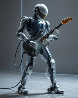 full body all to feet rendering robotic playing electric guitar having chasing clear surfaces it from transparency super clear glass explore inside machine components, advance design futuristic sci fi picture,find details,Sony Alpha 7 50mm 1.8,medium shot, high-resolution image with fine details,ultra detailed,ultra realistic,extremely realistic,intricate,photorealistic,epic composition