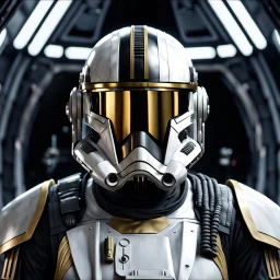 star wars bald male corellian pilot wearing gunmetal grey and black First Order TIE pilot armored flightsuit and helmet with gold trim inside the jedi temple, centered head and shoulders portrait, hyperdetailed, dynamic lighting, hyperdetailed background, 8k resolution, volumetric lighting, light skin, fully symmetric details