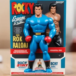 A photograph of a pristine action figure encased in its packaging, evoking a sense of collectible wonder, styled after a vintage toy advertisement. The box prominently displays "ROCKY" in bold, stylized lettering, with the action figure inside clearly resembling Sylvester Stallone as Rocky, possessing his iconic features and a lean, athletic build, confidently with boxing gloves