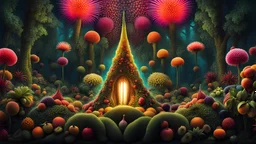 {Beautiful and strange fauna in eerie forest} fruits, lush, flowers soft lighting, creatures, evening, psychedelic, LSD, synesthesia, pointillist, colorful, detailed, HD