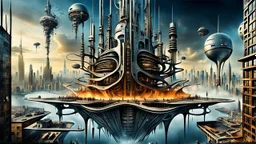 a stunningly weird image of a futuristic tall floating metropolis using Salvador Dali's paranoiac-critical method, where buildings and structures appear to melt into the skyline cityscape is filled with floating mad, twisted sharp metal shapes that interact with the buildings and each other, forming a surreal tableau of a dreamlike reality. neu-steampunk vibe, essence of the scene in a cinematic manner, with dramatic shadows that enhance the distorted perspectives and bizarre