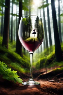 Create hyper-realistic photo of a wine glass in a wild forest. Inside, a miniature [New York] with landmarks. A trasparrent 3D text of [New York] a ballerina dancing on a open stage blends naturally into the landscape . Soft bright daylight, reflections, and subtle imperfections like fingerprints. DSLR quality, sharp focus.
