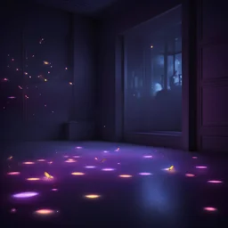 Hyper Realistic glowing-fireflies with purple neon floor in a dark room