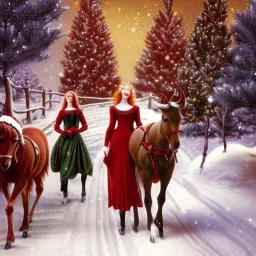 young Deborah Ann Woll and teen Robyn Lively, beautiful faces, meticulously detailed red hair; Christmas sleigh, brown horses; forest, snow, ethereal fantasy maximalist matte painting. Hues of Christmas. realistic. Victorian era, snowflakes, holly, pinecones, old fashioned, vintage, antique, beautiful, renaissance, 16k