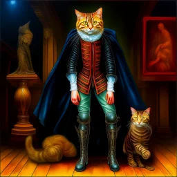 Crea la imágen de Catman, cuerpo completo, pies completos, zapatos, óleo sobre lienzo estilo Leonardo Da Vinci, espectacular, impactante, intrincado, calidad ultra, maximalista, 8k