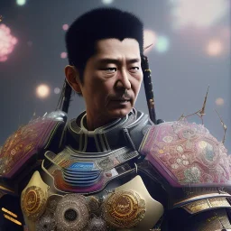 A portrait of a crystalised robot samurai with yakuza tatu, atmospheric, realistic, unreal engine cosmic galactic, cinematic lighting, octane render, cosmic ambiance, masterpiece, art by Yoji Shinkawa, composing fit inside, masterpiece