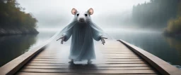 close up on huge dented glowing ghost transparent rat in designer clothes in fast boat with googly eyes, raised by ninja necromancer in the wild, on wooden bridge by lake in surreal reflecting stone chrome landscape, background motion blur, volume light fog, rays, 4d maze