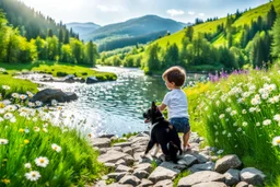 a lovely black and white dog plays with a little boy in country side in green field flowers next to a river with clear water an small rocks in its floor