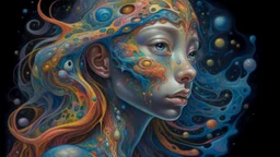 A mesmerizingly intricate Slime girl, each feature meticulously crafted with vibrant colors and surreal details: shimmering tendrils of slime flowing like liquid silk, iridescent patterns swirling across her skin, and eyes that seem to hold galaxies within. This breathtaking masterpiece of surrealism is a painting that exudes a sense of otherworldly beauty and meticulous attention to detail, captivating viewers with its high quality execution and dreamlike allure.