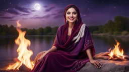 Hyper Realistic detailed Photographic-view of a happy smiling young beautiful Pashto woman with beautiful-eyes-&-beautiful-lips wearing-maroon-dress-with-white-embroidery-&-purple-velvet-shawl happily-sitting on a big-rock in-front-of-a-bonfire night riverside with cloudy moonlight at dark night & fireflies around her showing dramatic & cinematic ambiance.