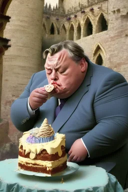 sad fat viktor orban eating cake in a castle