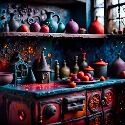 Detailed creepy kitchen made of modeling clay, naïve, Tim Burton, strong texture, extreme detail, Max Ernst, decal, rich moody colors, sparkles, Yves Tanguy, bokeh, odd