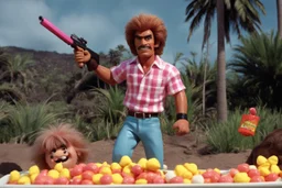 [1960’s stop-motion animation style of savage revenge] a 70s advertisement video TV featuring Demonstrating Clueless Rambo wannabe with shaggy hair and Hawaii shirt hunting for candy corn with his pink gun; as a claymation character toy from a claymation horror movie in burning rainbow land, from hell, creepy Videos, strange creatures everywhere , as old advertisement shot on video VHS