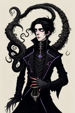 black haired young man necromancer wizard with gothic jewelry and tentacle fingers in the style of Fyodor Pavlov