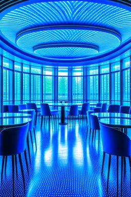 A restaurant whose outer walls are oval in shape, the color of the inside is blue, and its floor is light with a bar table in the middle of the restaurant in the shape of an oval containing 30 chairs and the walls are made of glass