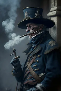 70 years old victorian bloodborne soldier with a musket and smoking a cigarette