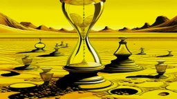 A golden yellow desert with a giant hourglass surrounded by clocks painted by Andy Warhol