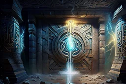 photorealistic "dimensional portal made of subatomic particles" in a gigantic Neanderthal jeweled palace hyeroglyphs on the walls, thunderbolt storm, many strange prehistoric lifeforms praying