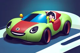 whimsical cartoony sports car with a small mascot character driving it